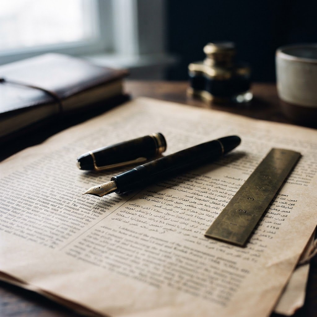 Fountain pen and bilingual documents on a desk